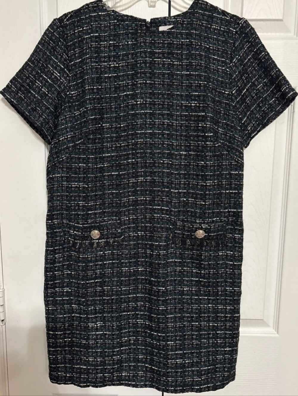 Loft Classic Navy Tweed Short-Sleeve Shift Dress with Button Detail Size 8